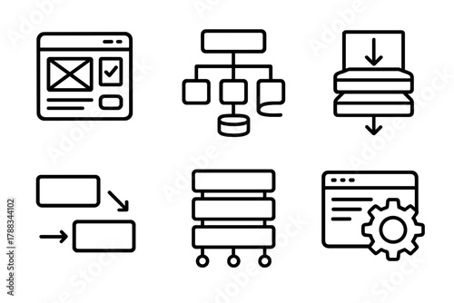 Tech Blueprint Design. System Architecture Planning linear icon set: blueprint layout, workflow arrows, UI to database flow, integration layers, component chart, design gear.