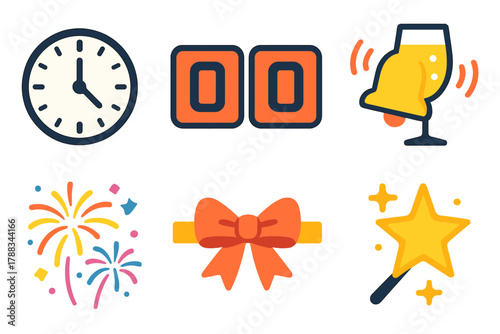 New Year's Eve Icons. Final Seconds Icons flat icons: clock face, countdown digits, alarm bell ringing, champagne flute, fireworks, gift ribbon, glowing star, party horn