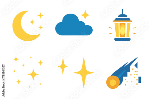 Nighttime Icons Collection. Night flat icons: crescent moon, stars, cloud, glowing lantern, city skyline, night sky, comet trail, sparkle