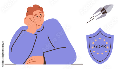 Person in deep thought beside a GDPR shield symbolizing data protection and compliance. Flying rocket represents innovation, progress. Ideal for privacy, innovation, security, compliance, technology