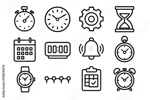 Timekeeping Icons Collection. Precision Timekeeping linear icon set: stopwatch, clock, gear, hourglass, calendar, digital display, alarm, timeline, schedule, bell, pocket watch,