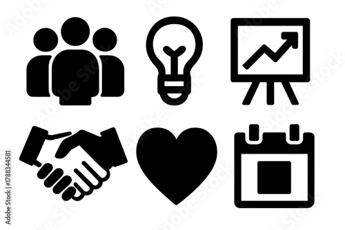 Bold Team Icons. Team mindset silhouette icon set: group of people, light bulb, chart board, handshake, heart, calendar.