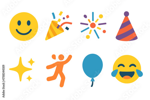 Vibrant Party Icons. Joy & Fun Pack flat icons: smiley face, confetti popper, fireworks, party hat, star sparkle, dancing figure, balloon, laughter