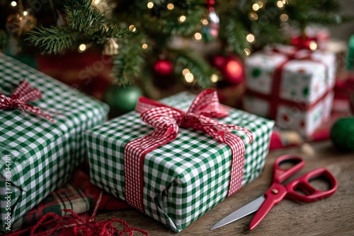 Beautifully Wrapped Christmas Gifts With Festive Decorations on a Wooden Table