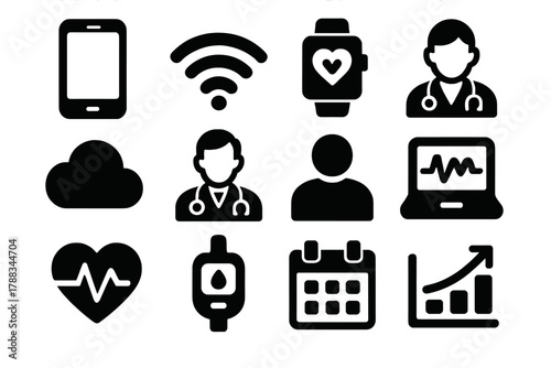 Bold Health Icons. Remote Health Monitoring silhouette icon set: smartphone, wifi symbol, smartwatch, data cloud, doctor avatar, patient icon, heart monitor, glucose meter, laptop,