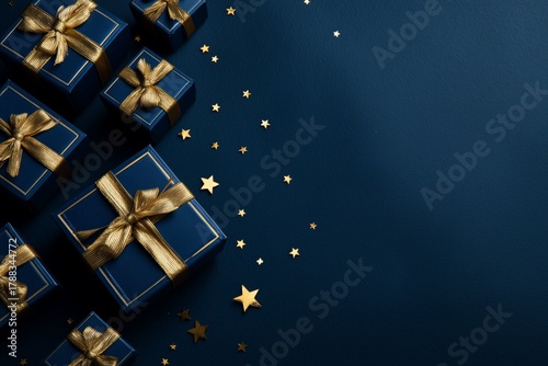 Beautifully Wrapped Gifts and Golden Stars on Dark Blue Background for Festiv...