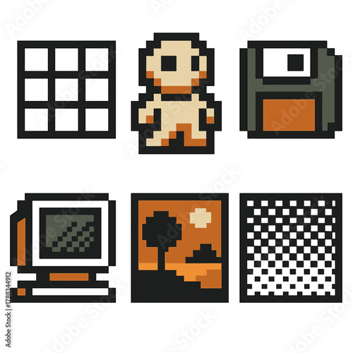 Retro Pixel Icons. Pixel Art silhouette icon set: pixel grid, character sprite, limited palette, retro icon, 8-bit scene, shading pattern.