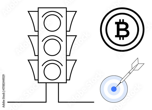Traffic light for choices, Bitcoin logo for digital currency, dart hitting target for focus. Ideal for decision strategies, digital economy, goal achievement, success, cryptocurrency trends