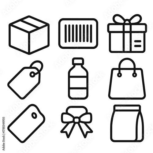 Product Icon Set. Product Packaging Set linear icon set: sealed box, barcode, label, package, ribbon, tag, bottle, bag.