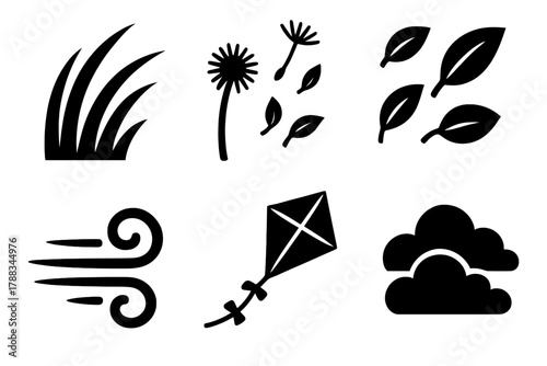 Brutalist Wind Icons. Gentle Breeze silhouette icon set: swaying grass, dandelion seeds, floating leaves, wind swirl, kite in sky, calm clouds.