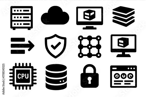 Brutalist Tech Icons. Virtual Machines silhouette icon set: server rack, cloud icon, monitor screen, virtualization layers, data flow, secure shield, network grid, virtual desktop,