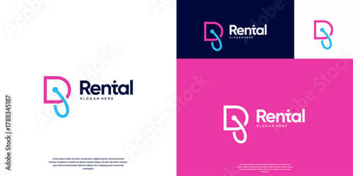 logo rental with abstract letter R, line art style, product label or price tag, vector illustration template.