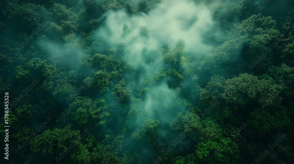 Obraz premium Serene aerial view of lush green forest with ethereal mist drifting through the treetops, inspiring tranquility and adventure for nature lovers
