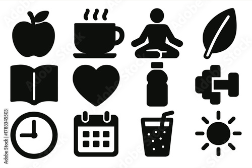 Balanced Lifestyle Icons. Balanced Living silhouette icon set: apple, cup of tea, yoga pose, leaf, book, heart, water bottle, dumbbell, clock, calendar, smoothie, sun.