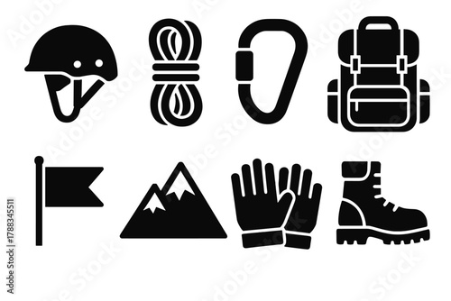 Mountain Trek Icons. Mountain Trek Collection silhouette icon set: helmet, rope, carabiner, backpack, flag, mountain, gloves, boots.