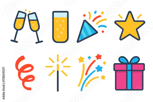 Celebration Icon Set. Toast & Cheers Icons flat icons: champagne flute pair, bubbly glass, confetti popper, glowing star, ribbon curl, sparkler, fireworks trail, gift box