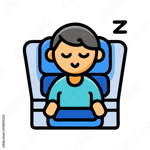 Sleeping passenger on plane, icon style travel concept