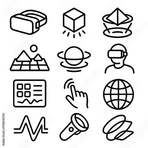 Virtual Reality Concepts. VR Headset linear icon set: headset device, 3D cube, hologram, motion waves, virtual landscape, glowing sphere, hand gesture, avatar icon, data grid,