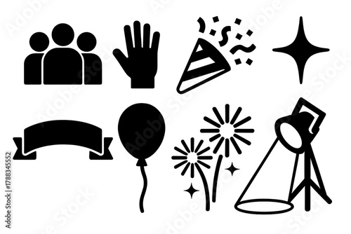 Festive Icons Collection. Celebration Crowd Pack silhouette icon set: people silhouettes, raised hands, confetti popper, star sparkle, banner, balloon, fireworks, spotlight