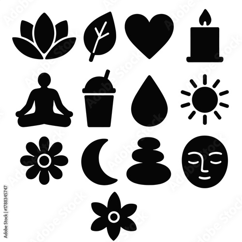 Holistic Icon Set. Holistic Wellbeing silhouette icon set: lotus flower, leaf, heart, candle, yoga pose, smoothie, water droplet, sun, flower, moon, balance stones, calm face.