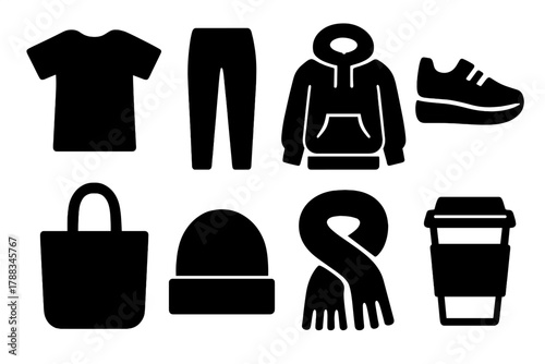 Bold Comfort Icons. Everyday Comfort Set silhouette icon set: T-shirt, leggings, hoodie, sneakers, tote bag, hat, scarf, coffee cup.