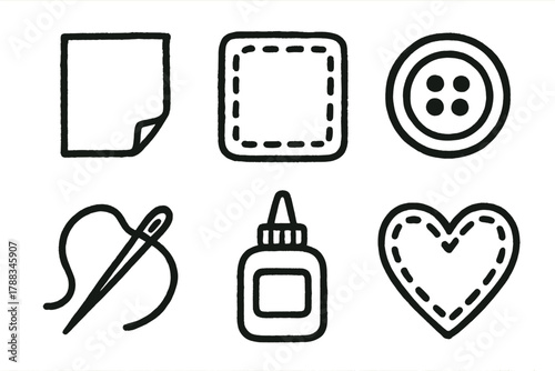 Handmade Icon Medley. Craft Mixed Media linear icon set: paper cut, fabric patch, thread stitch, button detail, glue tool, handmade decor.