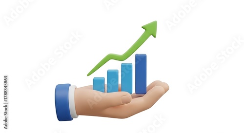 A 3d render of a hand holding a bar graph with an upward trending arrow, symbolizing growth and success