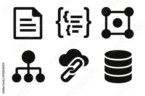 Brutalist NoSQL Icons. NoSQL Databases silhouette icon set: document icon, JSON data, cluster nodes, distributed network, API link, big data icon.