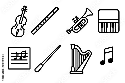 Classical Music Icons. Classical Music Icons linear icon set: violin, flute, trumpet, piano, sheet music, conductor baton, harp, note.