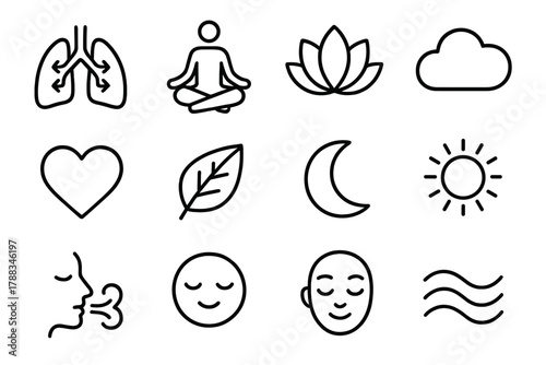 Breath Awareness Icons. Breath Awareness linear icon set: lung outline, air arrows, meditation pose, lotus flower, cloud, heart, leaf, moon, sun, breathing icon, wave, calm face.