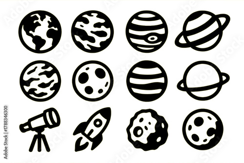 Bold Planetary Icons. Planets silhouette icon set: earth, mars, jupiter, saturn, venus, mercury, neptune, uranus, telescope, rocket, asteroid, moon.