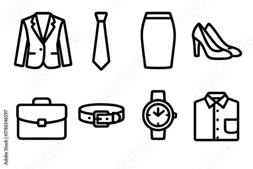 Business Attire Icons. Business Formal Icons linear icon set: blazer, tie, skirt, shoes, briefcase, belt, watch, collared shirt.