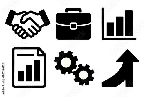 Business Icon Set. Business mutual benefit silhouette icon set: handshake, briefcase, bar chart, document chart, gears, upward arrow.