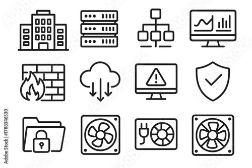 Datacenter Icon Montage. Enterprise Datacenter linear icon set: building icon, multiple server racks, network diagram, control dashboard, firewall grid, cloud symbol, data stream,