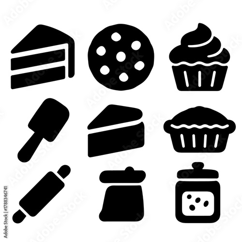 Bold Dessert Icons. Dessert Bakery Set silhouette icon set: cake slice, cookie, cupcake, tart, pie, icing spatula, rolling pin, sugar jar.