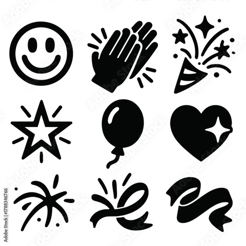 Brutalist Celebration Icons. Emotional Energy Pack silhouette icon set: happy face, clapping hands, fireworks trail, confetti popper, shining star, balloon, heart spark,