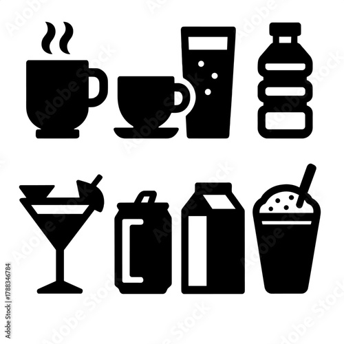 Bold Beverage Icons. Beverages Concept silhouette icon set: coffee cup, tea cup, juice glass, water bottle, cocktail, soda can, milk carton, smoothie.