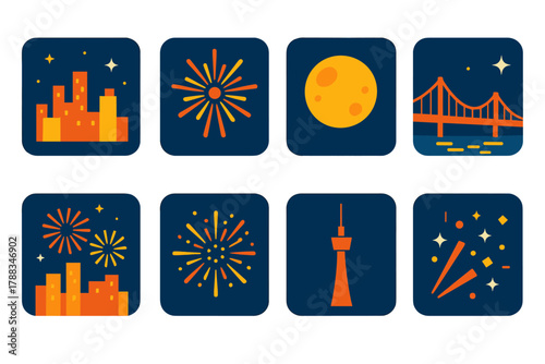 City Fireworks Spectacle. City Fireworks Show Set flat icons: city skyline, fireworks burst, glowing moon, star sparkle, bridge, river reflection, tall tower, confetti spark