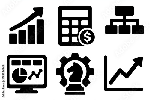 Business Icon Set. Business Optimization silhouette icon set: profit chart, ROI calculator, decision flowchart, analytics dashboard, strategy gear, trend line.