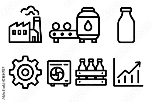 Factory Icon Set. Processing Plant linear icon set: factory, conveyor belt, milk tank, bottle, gear, cooling system, crate, chart.