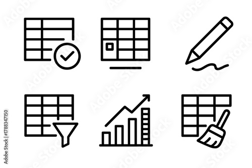 Data Cleaning Icons. Data Cleaning linear icon set: duplicate removal, missing value, correction tool, normalization, formatting consistency, cleaning brush.