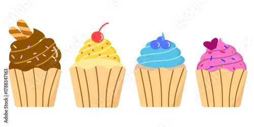 Set of cupcakes. Colorful cupcakes with different frosting and toppings. Colorful cupcake collection illustration