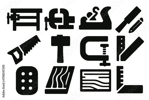 Woodworking Tools Icons. Woodworking Bench silhouette icon set: workbench, vise, plane, chisel, saw, mallet, clamp, ruler, pencil, sandpaper, wood board, square. , .