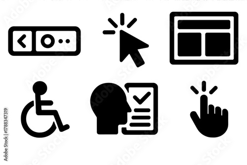 Brutalist Usability Icons. Interface Usability silhouette icon set: navigation bar, button click, screen layout, accessibility symbol, readability check, interaction guide.