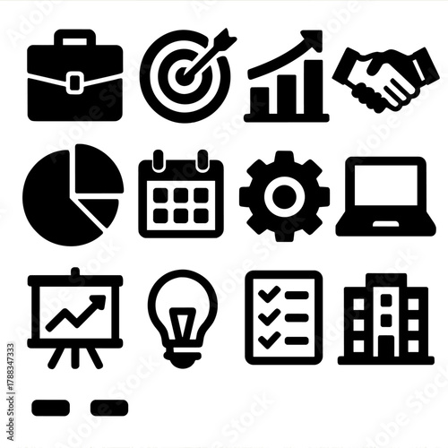 Critical Thinking Icons. Business Critical Thinking silhouette icon set: briefcase, target board, bar chart, handshake, pie chart, calendar, gear, laptop, presentation board, light