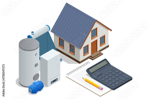 Isometric illustration of a house with heating equipment, water tank, solar collector, calculator, and notebook. Concept of home energy cost planning and efficiency.