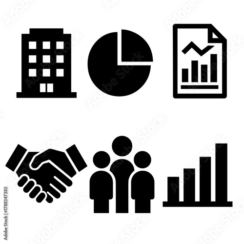 Brutalist Corporate Icons. Corporate proposal silhouette icon set: building, pie graph, document chart, handshake, group of people, bar chart.