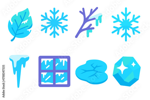 Winter Icon Set. Frost flat icons: icy leaf, snowflake, frozen branch, frost crystal, icicle, winter window, frozen pond, sparkling ice