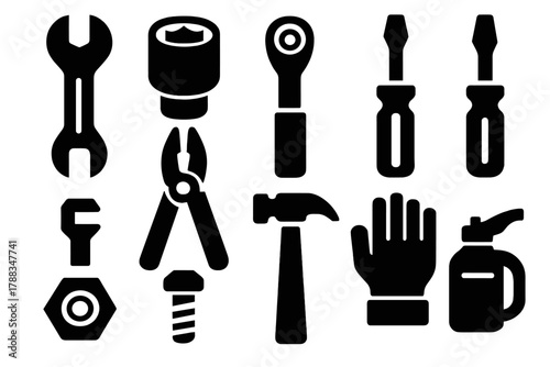 Brutalist Mechanic Icons. Mechanic Tools silhouette icon set: wrench, socket, ratchet, screwdriver, pliers, torque wrench, hammer, tape measure, oil can, nut, bolt, glove. , .