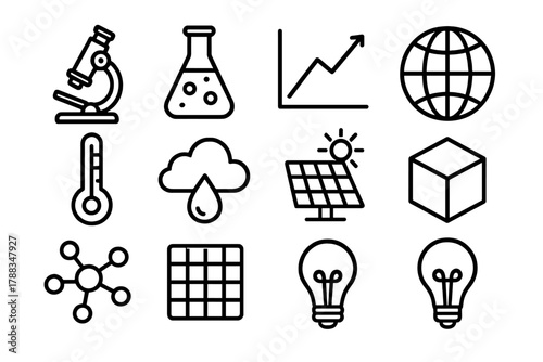 Scientific Climate Icons. Scientific Climate linear icon set: microscope, lab flask, graph chart, globe, thermometer, cloud, water droplet, solar panel, 3D cube, molecular model,